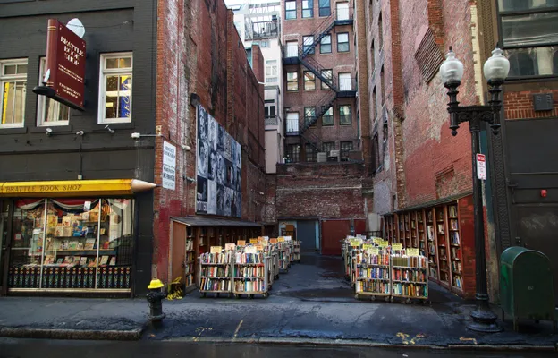 An alleyway filled with stall of books.