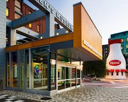 The entrance to the Boston Children's Museum with a giant bottle of Hood Milk sculpture outside.